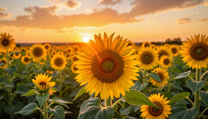 Obraz premium Vibrant sunflowers blooming at sunset, nature's beauty