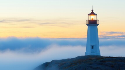 Fototapeta premium Serene Lighthouse on Misty Coast at Sunset