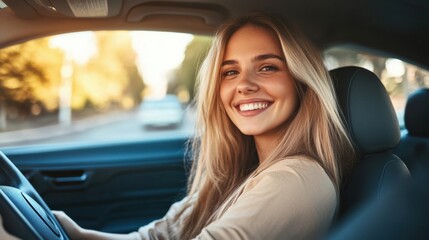 Naklejka premium Smiling woman driving in a sunny street on a beautiful day