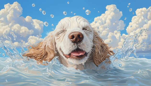 A happy Cocker Spaniel shaking off water, sending droplets flying in all directions against a bright, tropical background.