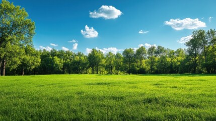 Obraz premium Green meadow and forest landscape under blue sky with clouds on sunny summer day
