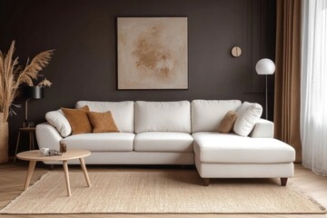 Modern living room with white sectional sofa, beige rug, and dark wall.
