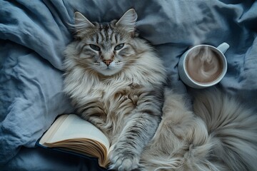 Fluffy cat sprawled on a bed with an open book and a steaming cup of cocoa, radiating warmth, comfort, and peaceful relaxation, ideal for self-care themes.
