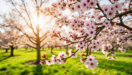Obraz premium Cherry blossoms blooming in sunlit orchard, seasonal beauty