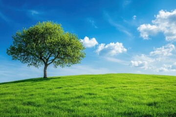 Obraz premium Lonely tree growing on a green hill under blue sky