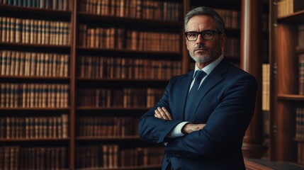 Professional man stands confidently in library with legal books