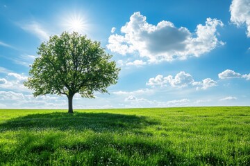Fototapeta premium Lonely tree growing in a green field under a cloudy sky and bright sun