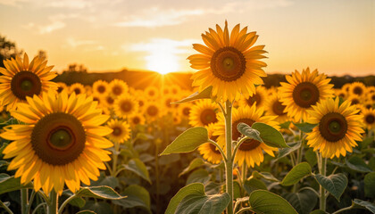 Fototapeta premium Vibrant sunflowers swaying in sunset-lit field, nature's beauty