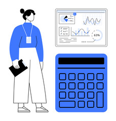 Analyst holding clipboard examines a dashboard with charts, graphs, and calculations next to a calculator. Ideal for data analysis, finance, statistics, strategy, accounting, business planning