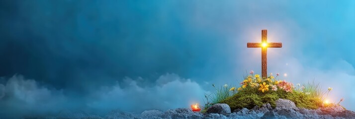 Obraz premium Divine Light: Spiritual Crosses in Nature with Blooming Flowers and Candlelight
