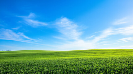 Fototapeta premium Wide expanse of a lush green field under a vibrant blue sky. 