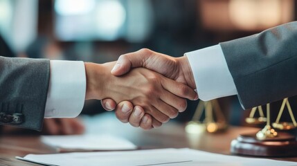 Business partners finalize agreement with handshake in office