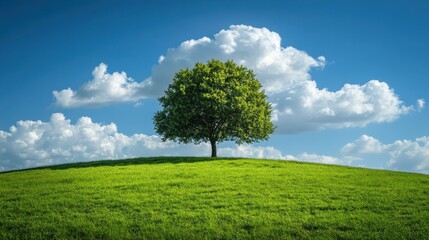 Obraz premium Lonely tree standing on a green hill under a cloudy blue sky
