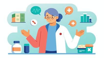 A health educator discussing the potential risks of polypharmacy taking multiple medications and ways to reduce it a seniors.. Vector illustration