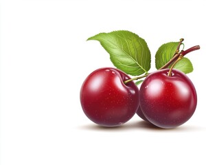 Obraz premium Two Ripe Red Plums with Green Leaves on White Background