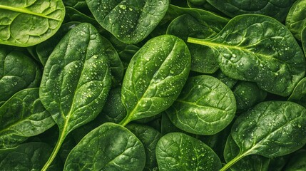 Fresh spinach leaves glistening with moisture, showcasing a vibrant green color and natural texture.