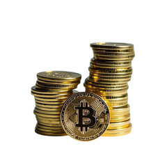 Stack of Gold Bitcoin Scattered on Transparent Background, Generative AI