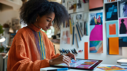 Creative designer working on tablet device in home office studio space