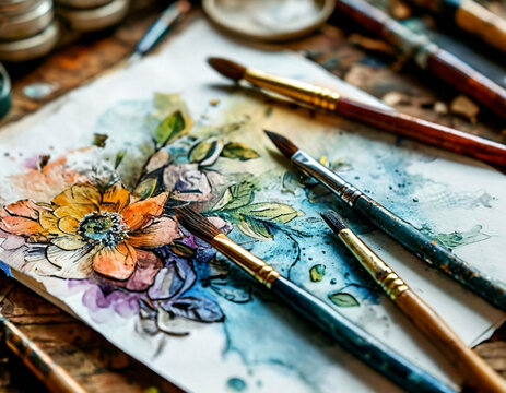 artist brushes and palette - Powered by Adobe