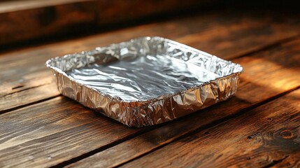 Carefully folded aluminum foil sheet resting on a warm wooden table with a hot meal inside