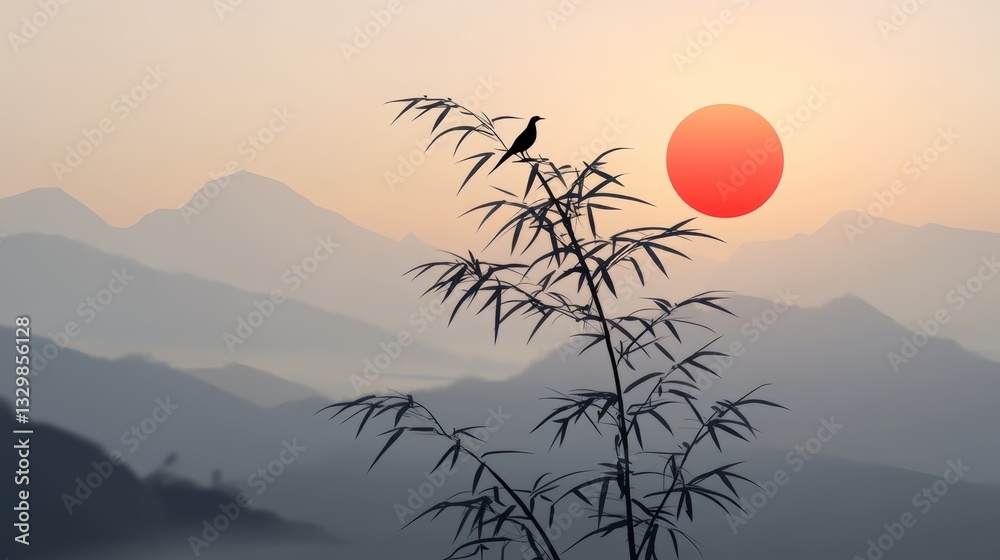 Poster Bird is perched on a bamboo tree in front of a red sun. The scene is serene and peaceful, with the bird and the sun creating a sense of calmness and tranquility