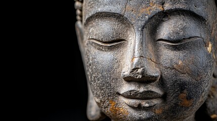 Serene Stone Buddha Close Up Dark Gray Statue Against Black Background