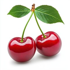 Two Shiny Red Cherries with Green Leaves on White Background