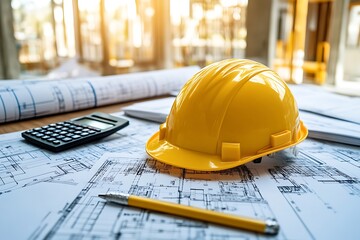 Yellow hard hat on architectural blueprints.