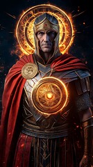 Naklejka premium Warrior deity with burning halo, celestial power, background