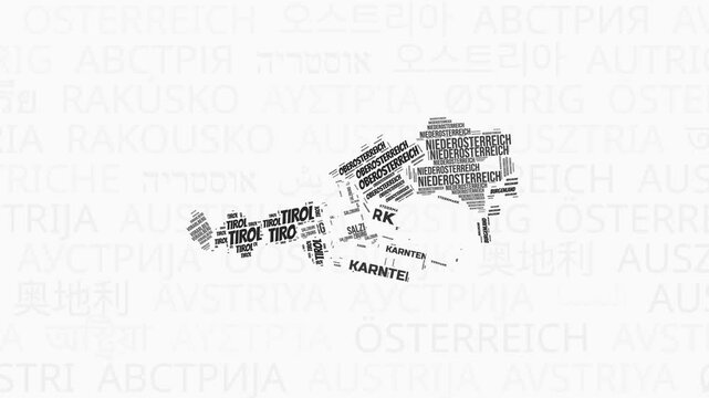 Austria intro animation. Country with regions illustration video. Background with country names in various languages. Regions of Austria animation. Creative video.