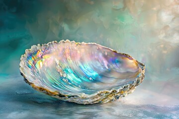 A mesmerizing iridescent abalone shell, showcasing nature's vibrant artistry on a serene backdrop.