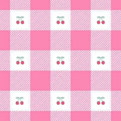 Seamless pastel-colored checkered and churries vector pattern. Gingham tablecloth pattern texture for textiles, cards, stationery, phone cases, paper gifts, wallpaper, and wrapping.