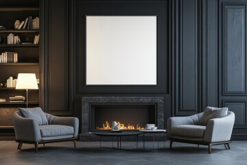 Dark-paneled living room with fireplace, mock-up poster, and armchairs