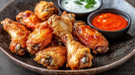 A plate of crispy chicken wings served with flavorful sauces, showcasing a delicious and appetizing meal ready to enjoy.