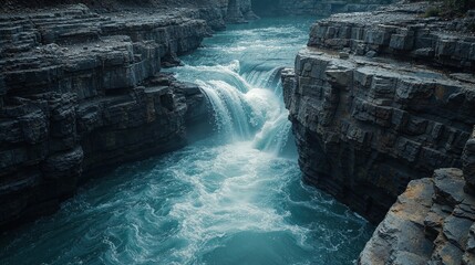 Majestic canyon waterfall with turquoise rapids in serene natural setting for nature enthusiasts and design inspiration