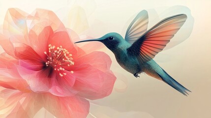 Fototapeta premium Hummingbird Hovering Near Pink Flower Soft Pastel Colors