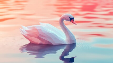 Naklejka premium White Lowpoly Swan on Pink and Orange Water at Sunset
