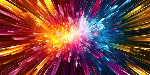A vibrant abstract explosion of colors with dynamic streaks of light radiating outward, creating an energetic and futuristic digital artwork