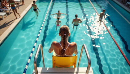 Lifeguard supervising swimmers in a public pool highlighting water safety protocols