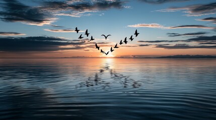 Obraz premium Serene sunset over calm waters nature scene coastal location scenic view heart-shaped flock of birds