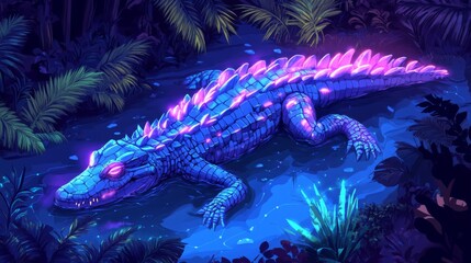 Glowing Purple Crocodile in a Dark Jungle
