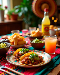 A beautifully decorated table for a Cinco de Mayo feast, featuring tacos, guacamole, salsa, and festive tableware	