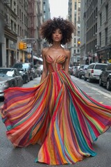 Fototapeta premium Vibrant urban fashion: colorful striped gown amidst cityscape