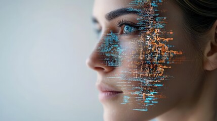 A digital portrait of a woman with abstract code graphics merging into her face, symbolizing the integration of technology and humanity.