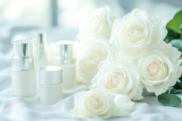 White Roses And Cosmetic Bottles On Soft Fabric