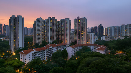 Obraz premium Stunning cityscape at dusk capturing the linear alignment of buildings and lights creating a breathtaking urban atmosphere in the evening sky.