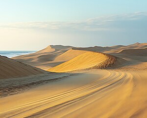 Desert road curving through golden dunes near ocean at sunrise.