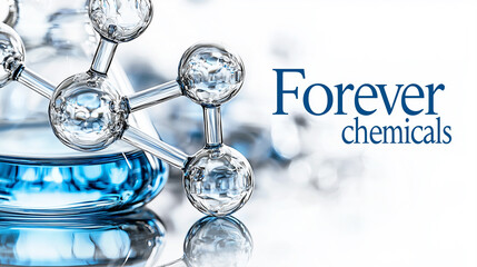 A transparent molecular structure with glass spheres and rods stands against a bright, reflective background. The words "Forever chemicals" emphasize a scientific theme.