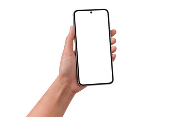 Hand holding smart phone isolated on transparent background.
