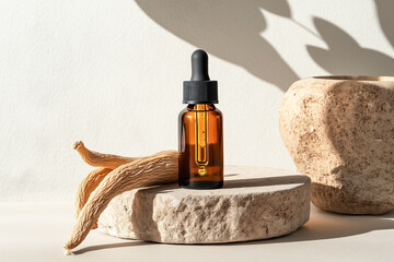 Naklejka premium Amber Bottle Of Essential Oil With Dried Herbs And Legumes On Light Wooden